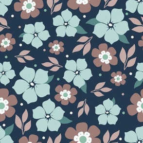 Large Scale Aqua and Tan Fun Flowers on Navy
