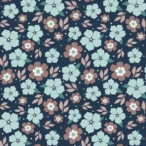 Small Scale Aqua and Tan Fun Flowers on Navy