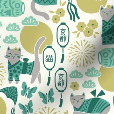 Cats in Kyoto | Medium Scale | Fresh Green Mint Teal Chartreuse Grey Kimono Cat