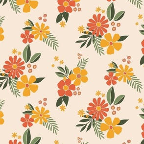 Retro floral bunches - coral, mustard, tan, green - medium