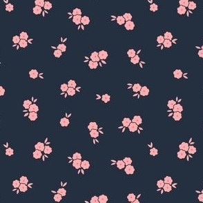 Pretty Blossoms Floral | Small Scale Ditsy |  Pink Flowers on Dark Indigo