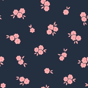Pretty Blossoms Floral | Medium Scale Tossed |  Pink Flowers on Dark Indigo