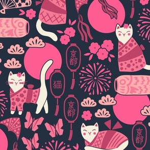 Cats in Kyoto | Large Scale | Pink on Dark Indigo Cream White Kimono Cat