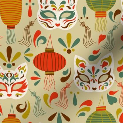Cat Oni Masks & Paper Lanterns - Retro Color Palette