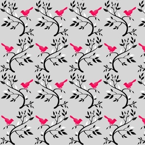 Mid Mod Mix and Match Coordinate - Birds on Branches in Fuchsia, Black, and White on Grey