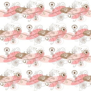 Mid Mod Mix and Match Coordinate -  Abstract Floral and Birds in Pink, Brown and Green on White