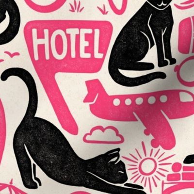 Vacation Cats - 12" large - black, pink, and alabaster 