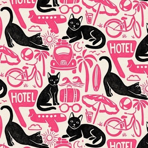 Vacation Cats - 12" large - black, pink, and alabaster 