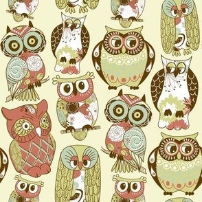 Mid Mod Mix and Match Coordinate - Retro Owls in Green, Mint, Pink, and Brown on Light Green