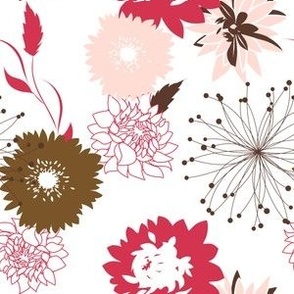 Mid Mod Mix and Match Coordinate - Flowers and Spikes in Burgundy, Pink, and Brown on White