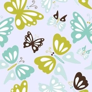 Mid Mod Mix and Match Coordinate - Butterflies Dancing in Turquoise, Green, and Brown on Lightest Lavender