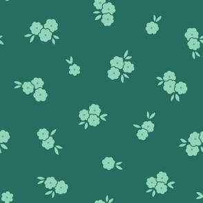 Pretty Blossoms Floral | Medium Scale Tossed | Mint Flowers on Emerald Green