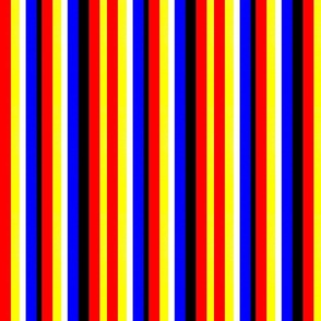 Summer pop art barcode stripes, primary colours red,yellow, blue, white and very dark grey 6” repeat