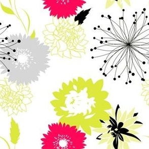 Mid Mod Mix and Match Coordinate - Flowers and Spikes in Fuchsia, Chartreuse, and Black on White