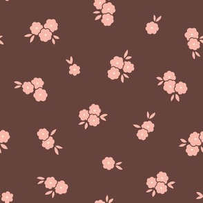 Pretty Blossoms Floral | Medium Scale Tossed | Blush Pink Flowers on Chocolate Brown