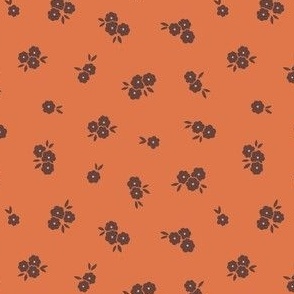 Pretty Blossoms Floral | Small Scale Ditsy | Chocolate Brown Flowers on Retro Orange