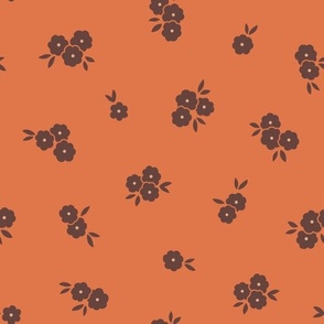 Pretty Blossoms Floral | Medium Scale Tossed | Chocolate Brown Flowers on Retro Orange