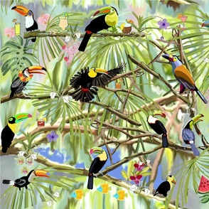 toucan-staycation-in-the-rain-forest-fruits-drinks-flowers-green-yellow-red-orange-purple-pink-blue-tan-brown-blue