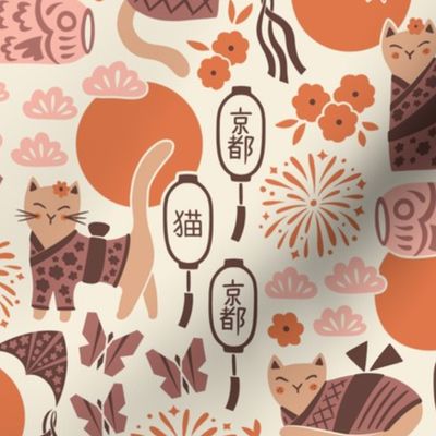 Cats in Kyoto | Medium Scale | Warm Brown & Pink Earth Tones Kimono Cat