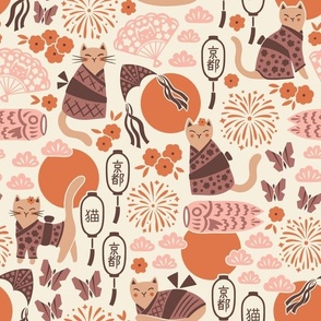 Cats in Kyoto | Medium Scale | Warm Brown & Pink Earth Tones Kimono Cat
