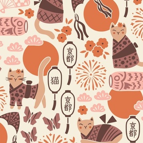 Cats in Kyoto | Large Scale | Warm Brown & Pink Earth Tones Kimono Cat