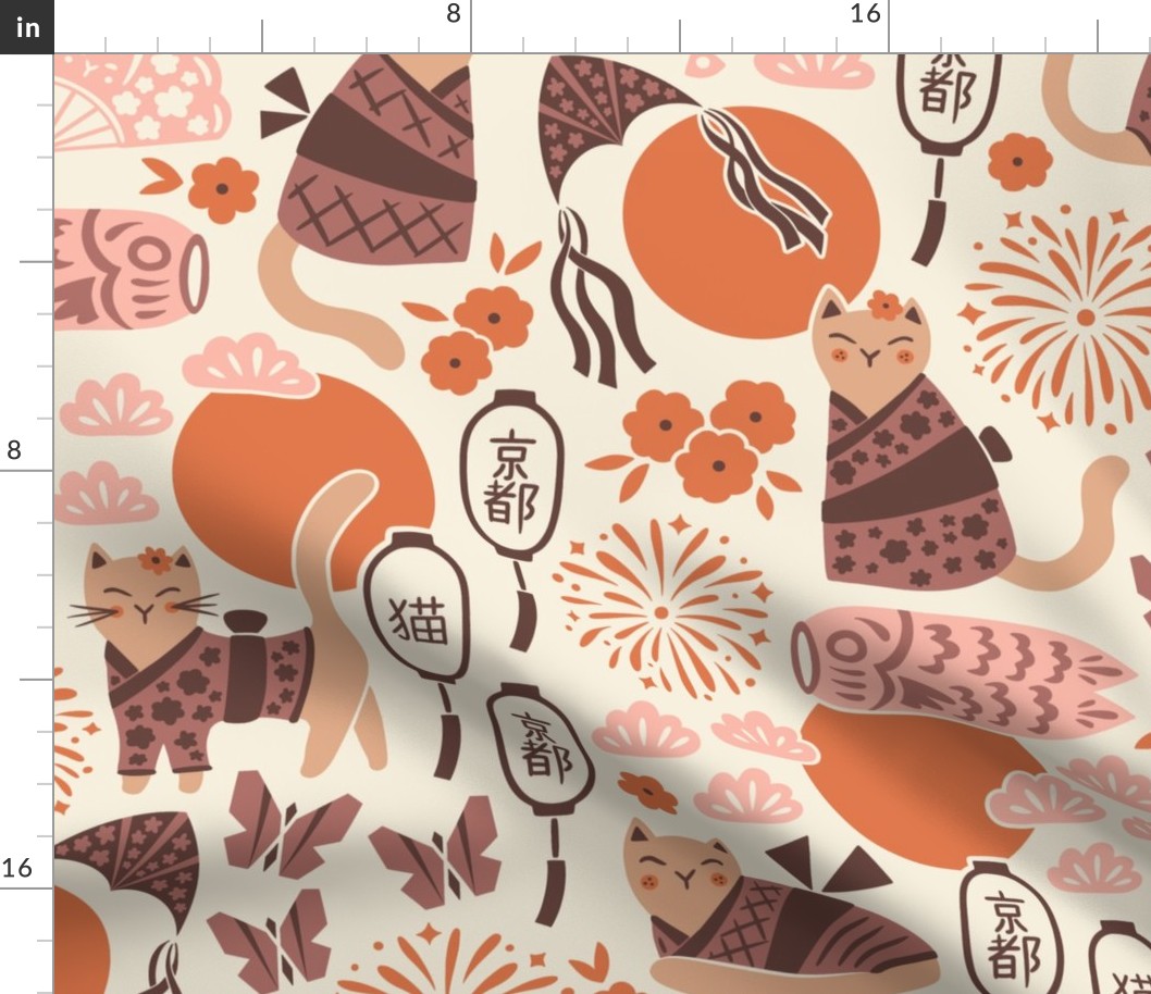 Cats in Kyoto | Large Scale | Warm Brown & Pink Earth Tones Kimono Cat