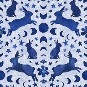Lunar Blue Bunnies - Small Scale - Year of The Rabbit Bunny Moon Celestial Stars Flowers