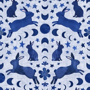 Lunar Blue Bunnies - Medium Scale - Year of The Rabbit Bunny Moon Celestial Stars Flowers