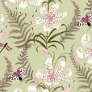 Tiger Lily and Ferns - Pale Green