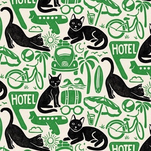 Vacation Cats - 12" large - black, green, and alabaster 