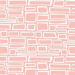 Soft Pink Bricks Freehand Geometric Masonry Building Blocks of White Rectangles and Squares on Impatiens Pink
