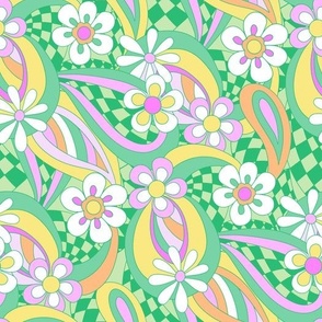 60s summer fun retro floral rainbow swirls and warped check in bright green pink green yellow orange by Jac Slade