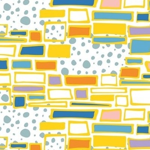 Kaleidoscope of Freehand Dots, Bricks and Building Blocks in Dandelion Yellow on White
