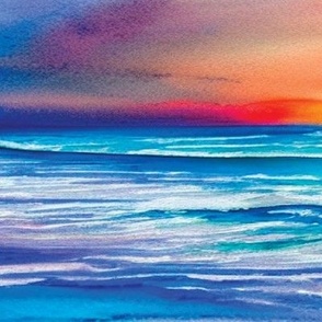 Blue Beach Stripes Sunset Horizontal Watercolor