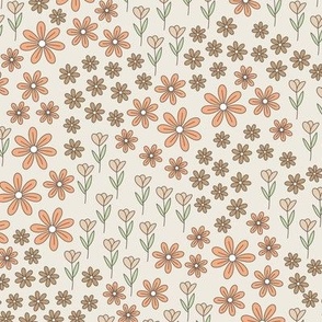 Vintage daisies dahlias and tulips - summer blossom ditsy flower boho garden nursery with stems and branches modern nature seventies vintage palette orange caramel brown on beige blush