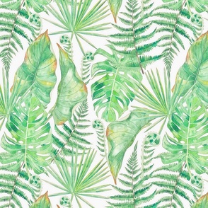 14" Green Watercolor Tropical And Wild Leaves And Ferns -  on white background- for home decor Baby Girl and nursery  fabric perfect for kidsroom wallpaper,kids room- light green on white 