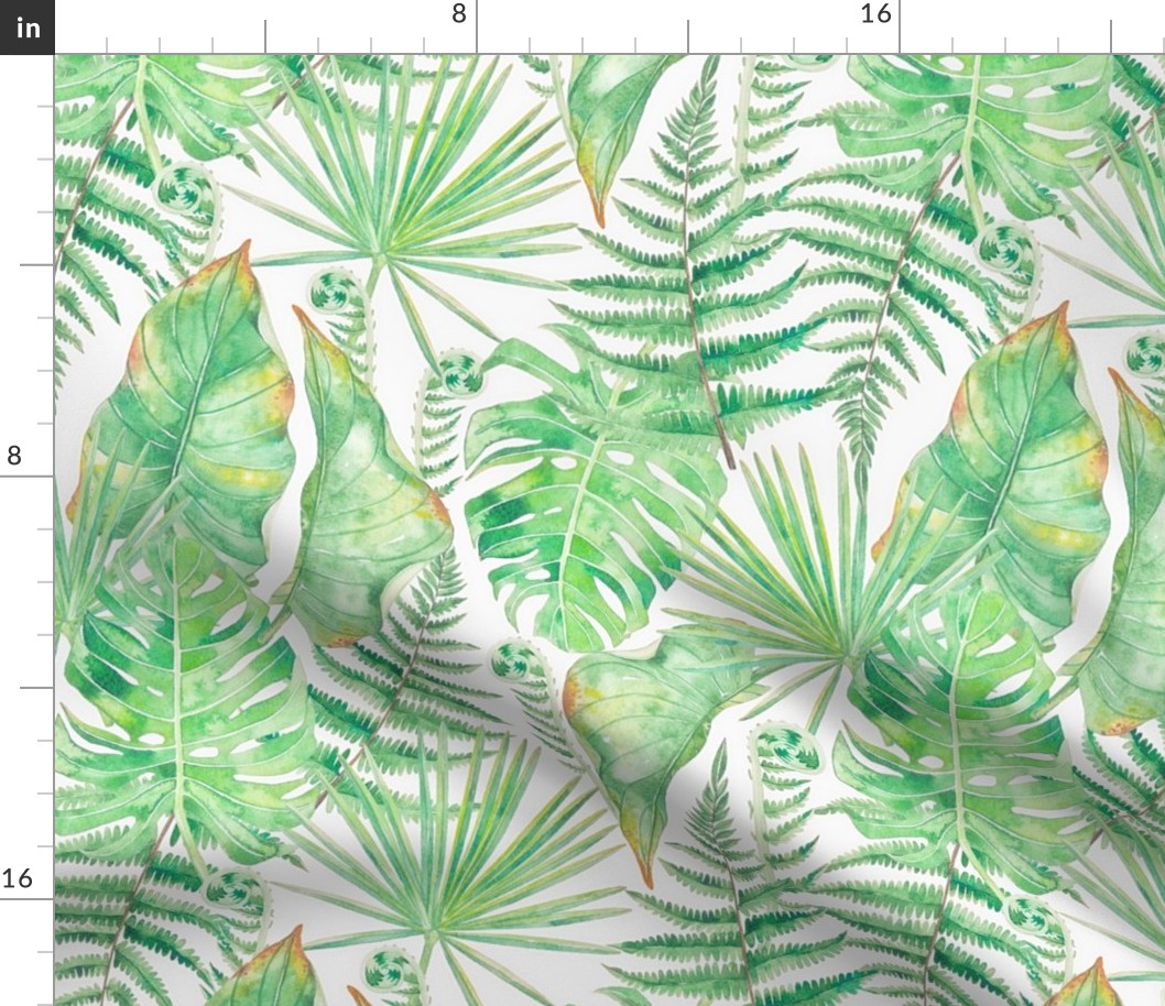14" Green Watercolor Tropical And Wild Leaves And Ferns -  on white background- for home decor Baby Girl and nursery  fabric perfect for kidsroom wallpaper,kids room- light green on white 