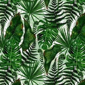 14" Green Watercolor Tropical And Wild Leaves And Ferns -  on white background- for home decor Baby Girl and nursery  fabric perfect for kidsroom wallpaper,kids room on white double layer