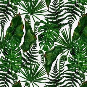 14" Green Watercolor Tropical And Wild Leaves And Ferns -  on white background- for home decor Baby Girl and nursery  fabric perfect for kidsroom wallpaper,kids room - on white