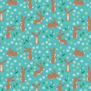 bunnies and flowers on turquoise - small