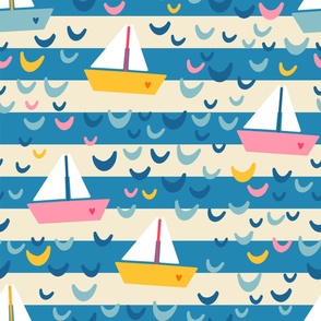 Dancing-Love-Boats---XL---blue-yellow-pink-beige---JUMBO - for childrens' wallpaper curtains