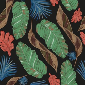 Tropical leaves naturel colors pattern black background