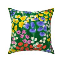 Large Spring Wild Flower Bright Ditsy Floral Print on Green