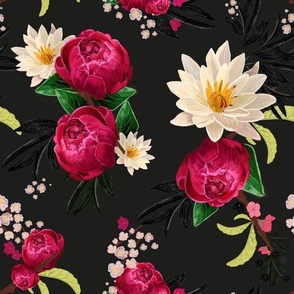 Hand Drawn Pink Peony and White Lotus Flower With Cherry Blossom Flowers Cheerful Vibrant Colored Pattern