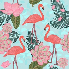 Hand Drawn Flamingos With Lotus Flowers and Succulent Tropical Leaves Pattern Black Background