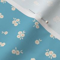 Pretty Blossoms Floral | Small Scale Ditsy | Cream & Red-Orange Flowers on Sky Blue 