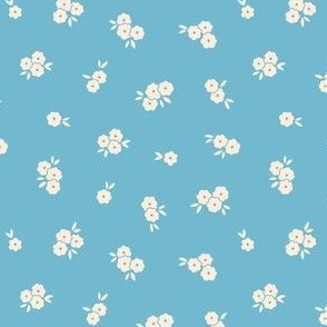 Pretty Blossoms Floral | Small Scale Ditsy | Cream & Red-Orange Flowers on Sky Blue 