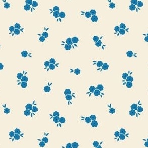 Pretty Blossoms Floral | Small Scale Ditsy | Blue Flowers on Cream