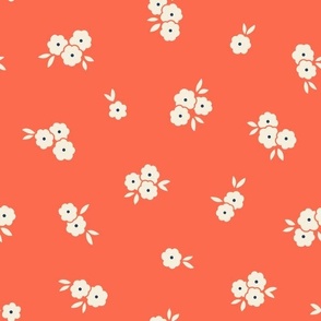Pretty Blossoms Floral | Medium Scale Tossed | Cream Flowers on Orange-Red