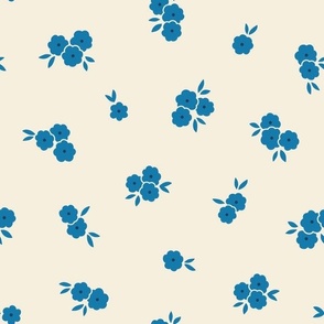 Pretty Blossoms Floral | Medium Scale Tossed | Blue Flowers on Cream